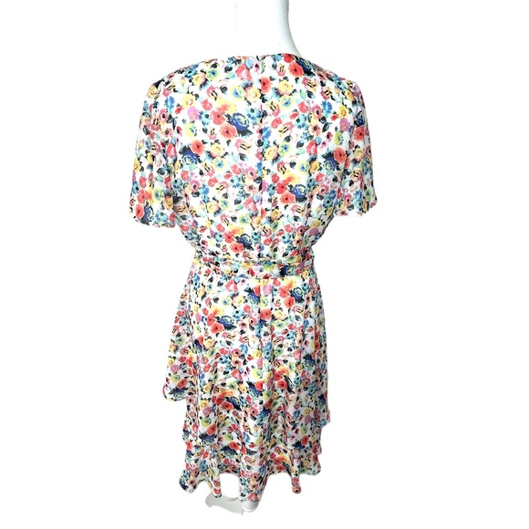 Tahari Arthur Levine Floral Faux Wrap Sheer Flutter Sleeve Tier Dress Size 12 - Picture 5 of 14